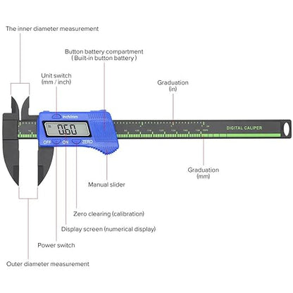 Electronic Digital Caliper, Plastic Vernier Caliper, Caliper Measuring Tool with Inch/Millimeter Conversion, Extra Large LCD Screen, 0-6 Inch/0-150 mm, Auto Off Featured Micrometer Ruler