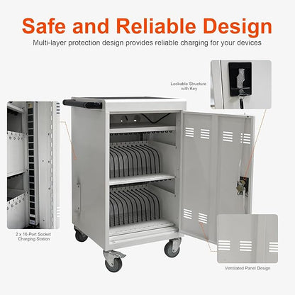 Aokleo 32 Devices Laptop Charging Cart, Tablet Storage Carts for Pad Up to 16.3" Screen Size, Classroom Computer Mobile Charging Station for Pads,Chromebooks,Laptops,Security Storage (White)