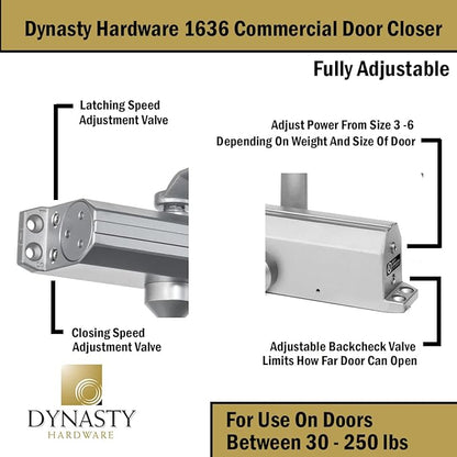 Dynasty Door Closer Adjustable Spring Size 3-6 Hydraulic Automatic Door Closer Series 1636 (Aluminum)