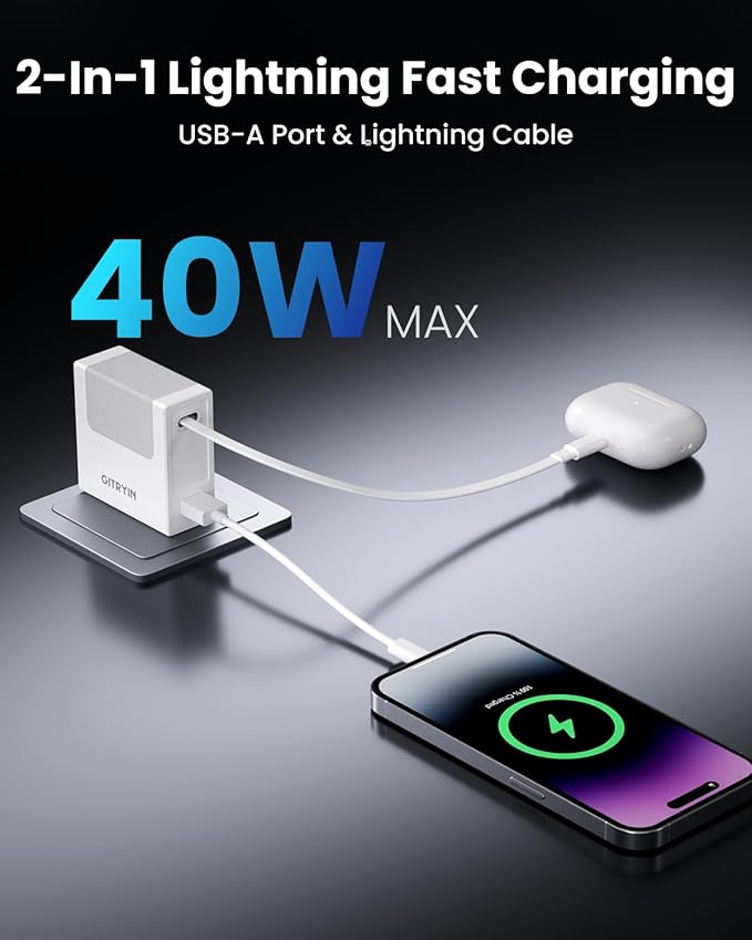 Portable Charger Block, Retractable Wall Charger, 40W PD Fast Charging Block with 31.5in Lightning Cable, Power Adapter with Foldable Plug for iPhone14/13/12, White