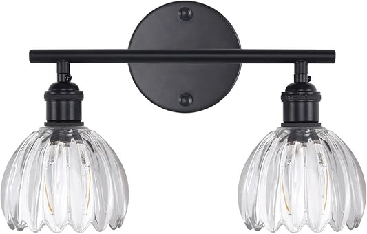 Shenmoyl Bathroom Light Fixtures, 2-Light Black Vanity Wall Light Over Mirror with Clear Tulip Glass Shade for Bedroom Living Room (Bulb Not Included)