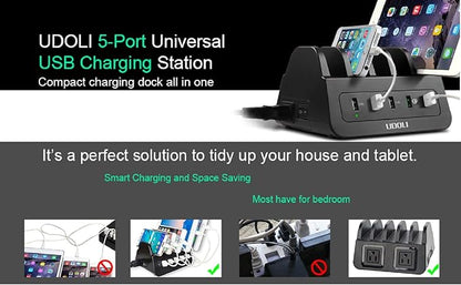 UDOLI 5 USB Ports Charging Station Organizer for Multiple Devices Fast Charging Desktop Stand for Apple Android Phone Tablet 1600W 2 AC Power Outlets Charger Dock for Home Office 3 Prong Cord Black