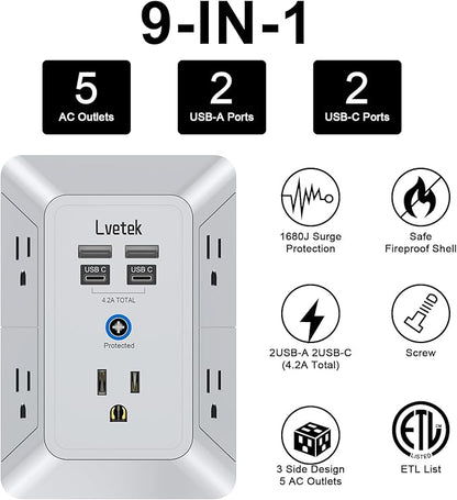 Multi Plug Outlet Surge Protector, Lvetek Outlet Extender with 5 Outlet and 4 USB Ports(2 USB C), 3-Sided Multiple-Plug Outlet Splitter Wall Charger for Home Travel Office,ETL Listed,Grey