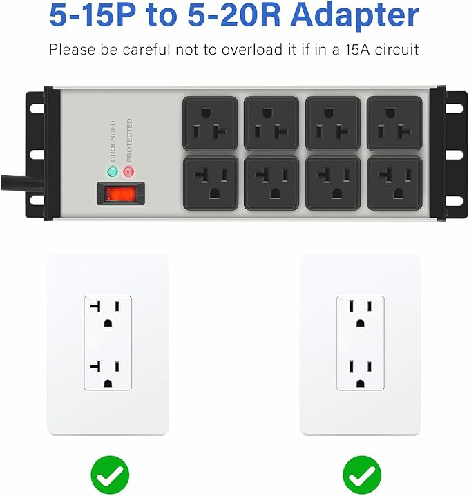 CCCEI Magnetic Heavy Duty Power Strip Surge Protector 20Amp, 12 Gauge High Amp Extension Outlets, Garage Wall Mount 8 Plug Metal Power Strip. 6FT, Grey, 5-15P Adapter 6-20R T-Slot 20a for Appliance