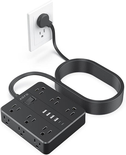 AOFO 25FT Surge Protector Power Strip,12 AC Outlets with 6 USB Ports (2 USB-C), Flat Plug Extension Cord with Multiple Outlets, Wall Mount for Home Office,Dorm, Black