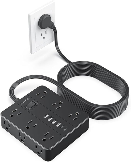 AOFO 25FT Surge Protector Power Strip,12 AC Outlets with 6 USB Ports (2 USB-C), Flat Plug Extension Cord with Multiple Outlets, Wall Mount for Home Office,Dorm, Black