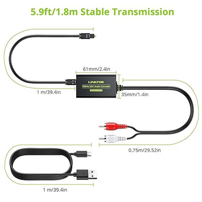 LiNKFOR 192kHz DAC Converter Digital to Analog Converter Digital Optical SPDIF Toslink to Analog Stereo Audio RCA L/R Audio Adapter with Optical Cable for HDTV (SPDIF to RCA 6ft/1.8m)