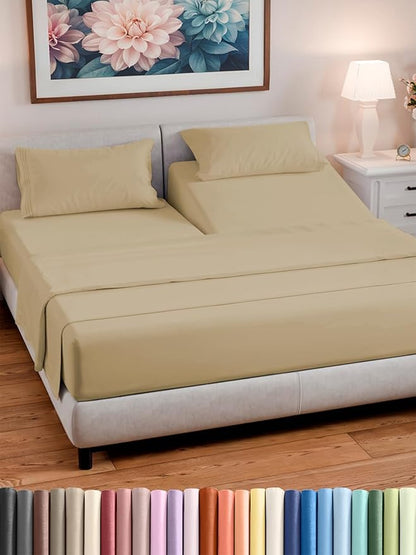 Split Head King Sheet Set – 4 Piece Flex Split Top King Sheets for Adjustable Beds - Fits 14” to 16" Mattress w/ Deep Pockets - Ultra-Soft, Breathable & Cooling - Luxury Bedding & Wrinkle Free - Beige