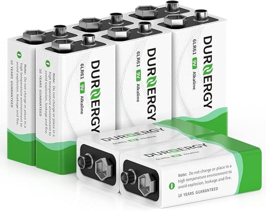 DURNERGY 9V Batteries, 9 Volt Batteries 8 Pack,10-Year Shelf Life, 9V Batteries for Smoke Alarms, Guitar Pedals, Microphone, Smoke Detector Battery, Square Batteries 6LR61 9V Alkaline Batteries