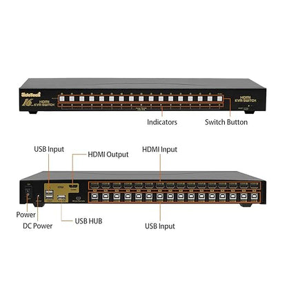 JideTech HDMI USB KVM Switch 16 Port Up to 4K@30Hz Resolution with USB 2.0 Hub Support Hotkey Mouse Switching for Linux, Windows, Mac, Unix