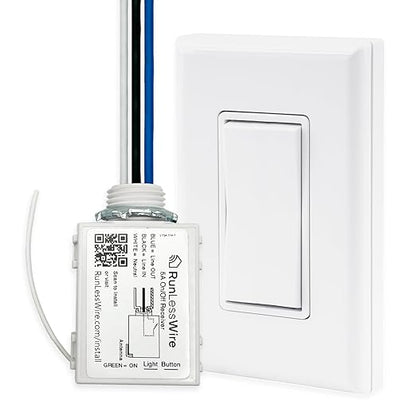 RunLessWire Single Pole Battery-Free DIY Wireless Light Switch Kit 150ft RF Range Self-Powered by Kinetic Energy for Fixtures & Outlets : 1 Remote Switch Controls 1 5A On/Off Receiver – White