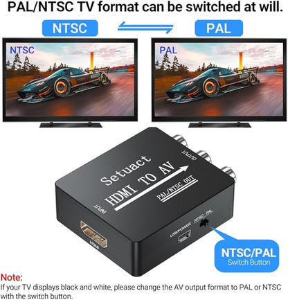 Setuact HDMI to AV Converter, HDMI to RCA Converter, Supports PAL/NTSC for Apple TV, Roku, Fire Stick, Blu-ray, DVD Player, Older TV, Projector, (with Male RCA Cables)