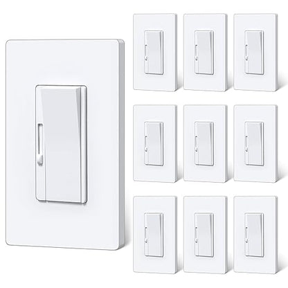 BESTTEN 10 Pack Super Slim Digital Dimmer Light Switch, Quiet Rocker, Max 300W LED, CFL, 600W Halogen, Single Pole or 3 Way Dimmable Switch, Screwless Wallplate Included, ETL Listed, White