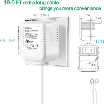 KONLEMEI Doorbell Power Adapter, 24V Transformer Compatible with Video Doorbell, 20ft/6M,White