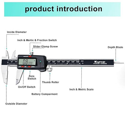 Kynup Digital Vernier Caliper, Caliper Measuring Tool, Outside Micrometer Dial Caliper with Stainless Steel, Large LCD Screen, Auto - Off Feature, Inch Metric Fraction Conversion (6Inch/150mm)