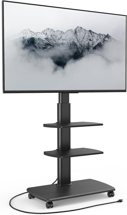 FITUEYES Rolling TV Stand with Power Outlets, Swivel Portable TV Stand for 32-70 Inch LCD LED OLED Flat/Curved Panel Screen TVs, Height Adjustable&Wood Base, Mobile TV Cart with 2 Shelves, Black