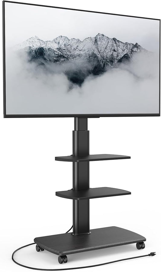FITUEYES Rolling TV Stand with Power Outlets, Swivel Portable TV Stand for 32-70 Inch LCD LED OLED Flat/Curved Panel Screen TVs, Height Adjustable&Wood Base, Mobile TV Cart with 2 Shelves, Black