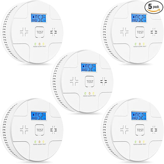 5 Packs,Smoke Detector Carbon Monoxide Detector Combo,2-in-1 Detection,85 dB Alarm,LED Indication,LCD Digital Displays,Battery Operated,(Includes 3 x 1.5V AA Batteries),Easy to Install,Portable Use
