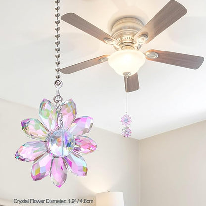 LEFERS Ceiling Fan Pull Chain, 2 Pieces 1.8" Crystal Glass Flower Pendants with 24" Ceiling Fan Chain Extender and Connector (Purple)