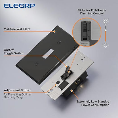 ELEGRP Digital Toggle Dimmer Switch for Dimmable LED, CFL and Incandescent Light Bulbs, Single Pole or 3-Way Toggle LED Dimmer Light Switch, Wall Plate Included, UL Listed, 2 Pack, Black
