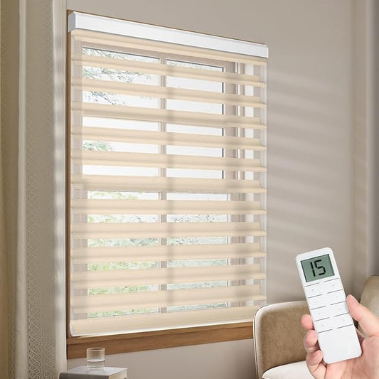 Tokblind Motorized Sheer Shade with Remote Control, Light Filtering Electric Roller Blind Compatible with Alexa via Hub, Rechargeable Smart Window Shade Custom Size (Light Filtering Coffee)