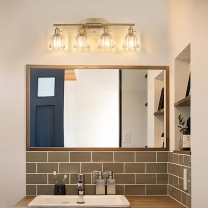 Shenmoyl Bathroom Light Fixtures, 4-Light Brass Vanity Wall Light Over Mirror with Clear Tulip Glass Shade for Bedroom Living Room (Bulb Not Included)