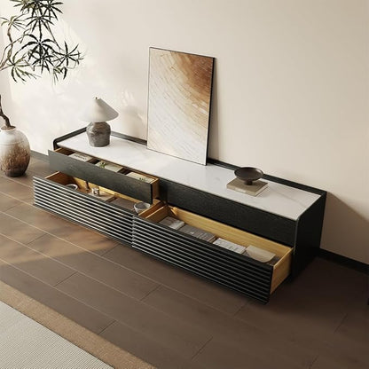 POVISON Fully-Assembled Mid Century Glossy Sintered Stone TV Stand, 78.74" Wood Media Console with Adjustable LED Light, Entertainment Center with Storage for Living Room