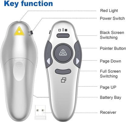 QUI Presentation Clicker Wireless Presenter Remote Clicker for PowerPoint Presentation Remote, PowerPoint Slide Advancer for Mac/Windows/Linux, Google Slide/PPT/Keynote, USB A, Silver