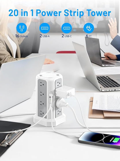Surge Protector Power Strip with PD20W USB C,13A Thicker Extension Cord with Multiple Outlets 6FT Fararaka Tower Power Strip with USB Ports 2A2C,16AC,Office Supplies Dorm Essentials