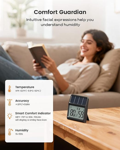 Digital Indoor Thermometer & Hygrometer, Light Powered (No Rechargeable Batteries Runs Only on Real-time Light Exposure) Solar Indoor Temperature and Humidity Monitor, Humidity Gauge