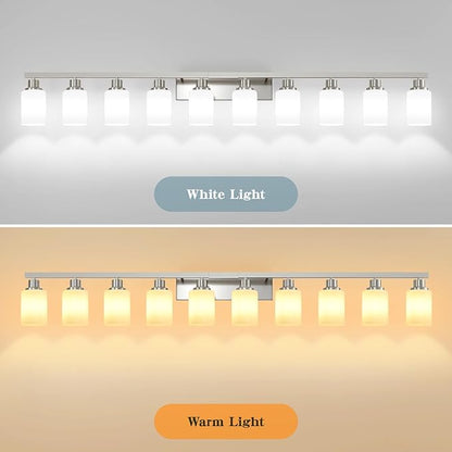 DIKAIDA 10-Light Bathroom Vanity Light Brushed Nickel,64.5in Vanity Lights with White Frosted Glass,Modern Bathroom Wall Lights Fixtures Over Mirror,Wall Sconces Lighting for Bedroom Living Room,E26