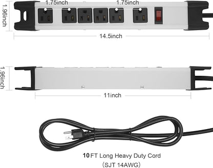 Heavy Duty Power Strip Surge Protector, 6 Outlet Industrial Metal Power Strip with 10 FT Cord, 1200 Joules ETL Listed