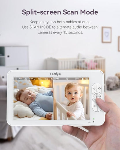 Comfyer 7" HD Split-Screen Baby Monitor with 2 1080P Cameras, 48 Hrs 6000mAh Battery Runs 2 Days in VOX Mode, No WiFi Monitor with a Flexible Bracket, 2 Way Audio, Remote PTZ, Auto Night Vision