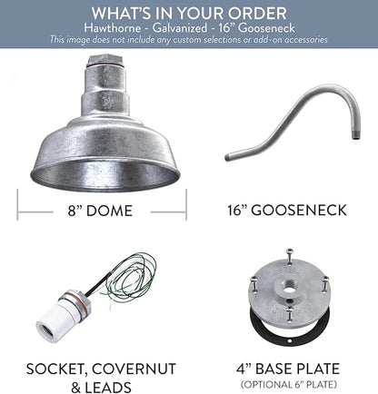 Steel Lighting Co. Hawthorne Barn Light | Outdoor Wall Mounted | 8 inch Dome | 16 inch Gooseneck| Small Farmhouse Light Made in America | Galvanized Exterior/Galvanized Interior