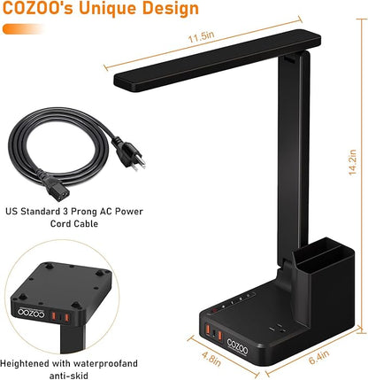 LED Desk Lamp with 3 USB Charging Ports 1 AC Outlet Small Table Lamp for Home Office/Bedroom/Study/College/Dorm Room Essentials, Foldable Reading Light w/Pen Holders for Craft/Artist/Puzzle/Nail/Task