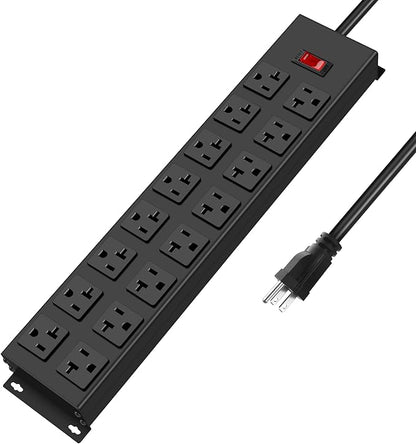 JUNNUJ Heavy Duty 20 Amp Power Strip, Garage 16 Outlets Metal 12 Gauge Surge Protector 3000J, High Amp 5-15P Adapter Shop 6-20R T-Slot Industrial Outlets (16AC, 4FT)
