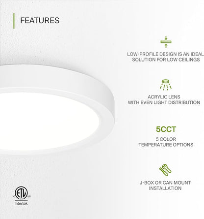 ASD LED 7" Round Flush Mount Ceiling Light Fixture, Low Profile Surface Lighting | 5CCT, Dimmable, Ultra-Thin, ETL Listed | 15W 1260LM 2700-6000K 120V | Kitchen, Bedroom, Hallway Lamp | White, 6 Pack