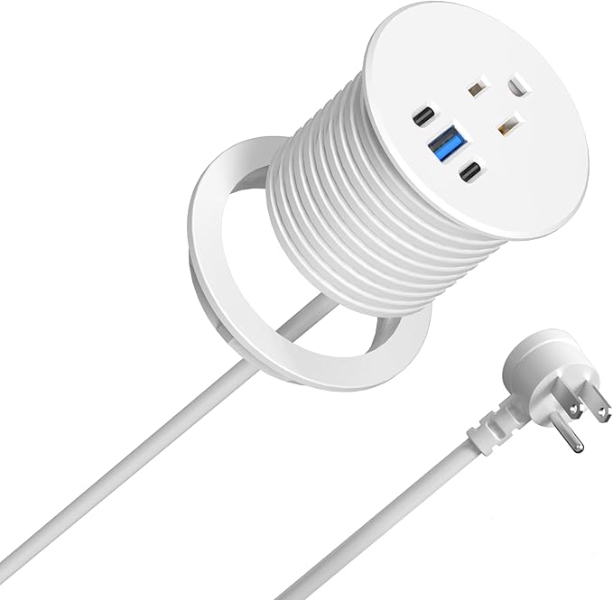 2.5 inch Power Grommet,20W USB-C Charging,1 Outlet with 2 USB C,1 USB Port,Furniture Flush Mount for Desktop,Recessed Power Strip,Workspace Essential Desk Outlet (White, 6 FT)
