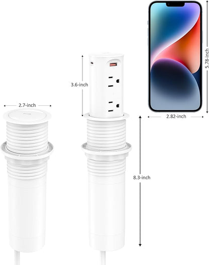 2.5 inch Hole Pop up Outlet for Countertop,20W USB C,4 USB Ports,4 Outlets 15Amp Tamper Resistant Receptacle Flush Mount,Space Saver Recessed Outlet,1875W,ETL Listed