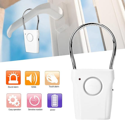 BORDSTRACT Door Handle Alarm, 120dB Vibration and Touching Triggered Portable Door and Window Alarm, for Traveling, Hotel, Apartment, Home Security