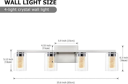 SADENICEL 4-Light Bathroom Light Fixtures, Brushed Nickel, Dimmable LED White/Neutral/Warm Crystal Bathroom Vanity Lights Over Mirror, for Bedroom,Living Room