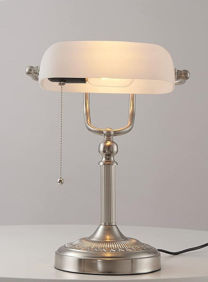 Newrays White Matted Glass Bankers Desk Lamp with Pull Chain Switch Plug in Fixture,Sand Nickel Base