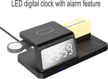 FJHBL Multi-Functional Wireless Charger with Clock -HT309(Black), Alarm, Color-Switchable Night Light, 15W Wireless Charging, Compatible with Almost All Qi-Enabled Phones, Watches, and Earbuds.