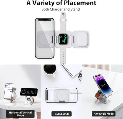 Fast Wireless Charger, Magnetic Foldable 3 in 1 Charging Station for iPhone 16/15/14/13/12/Pro/Plus/Pro Max, 5W Portable Charger for Apple Watch9/8/7/6/5/4/3/SE, for Airpods3/2/Pro-White