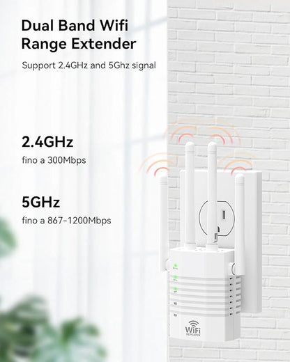WiFi Signal Booster with 4 Directional Antennas – 1200Mbps Dual Band (5GHz/2.4GHz),WiFi Extender Covers 12,880 Sq.ft, Easy Home Setup and 105-Device Support