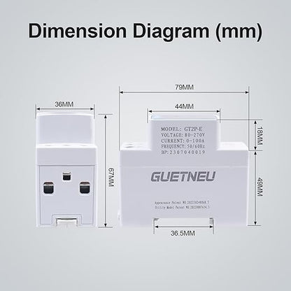 GUETNEU Color Digital Display Energy Meter Multifunction Tester Rail-Mounted Meter GT2P-E, 80270V AC, 0100A, 025KW, 50/60Hz. Measurement of Volts, Amps, Watts, Hertz, PF and Kilowatt-Hours