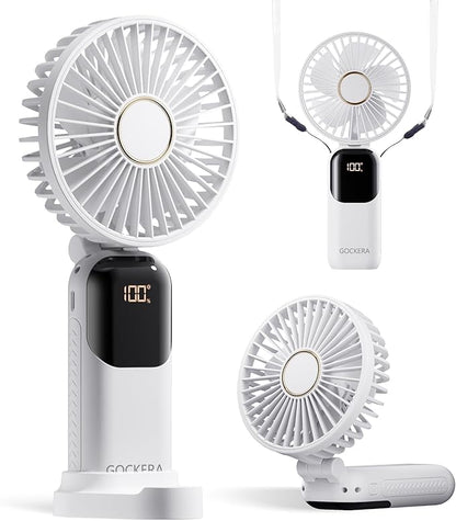 GOCKERA Portable Fan, 4200mAh Battery Operated Fan, 5 Speeds&Digital Display, Makeup Fans for Women with Base, 180°Foldable 3in1 Handheld/Neck/Desk Fan for Outdoor Indoor,Ultra Quiet (White)