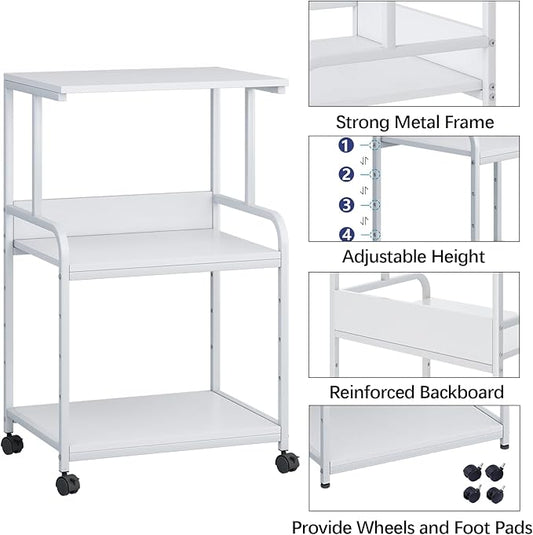 Arbuxzuy Printer Stand with Storage Shelf,3 Tier Printer Cart with Wheels,Mobile Printer Table for Home Office,Stands for Printer Heat Press Scanner Fax,Industrial Style (White)