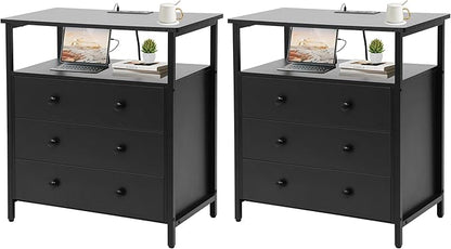 Edbuosy 3 Wooden Drawers Nightstand, 27 Inch Wide Night Stand Set 2 with Charging Station and Adjustable Drawers, Small Dresser for Closet, Bedside Table for Living Room/Bedroom/Office, Black.