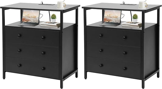 Edbuosy 3 Wooden Drawers Nightstand, 27 Inch Wide Night Stand Set 2 with Charging Station and Adjustable Drawers, Small Dresser for Closet, Bedside Table for Living Room/Bedroom/Office, Black.